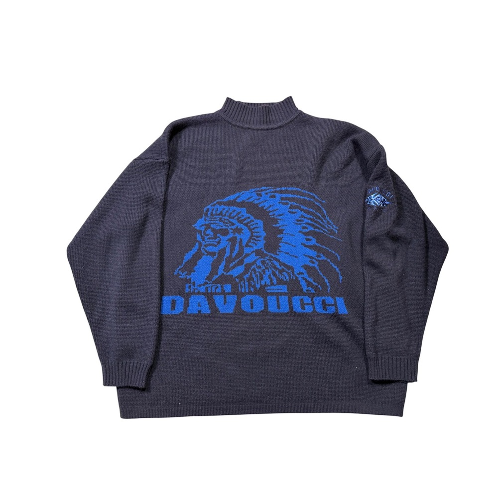 Vintage Y2K Davoucci Native American Graphic Knit Sweater XXL Black‎ Blue